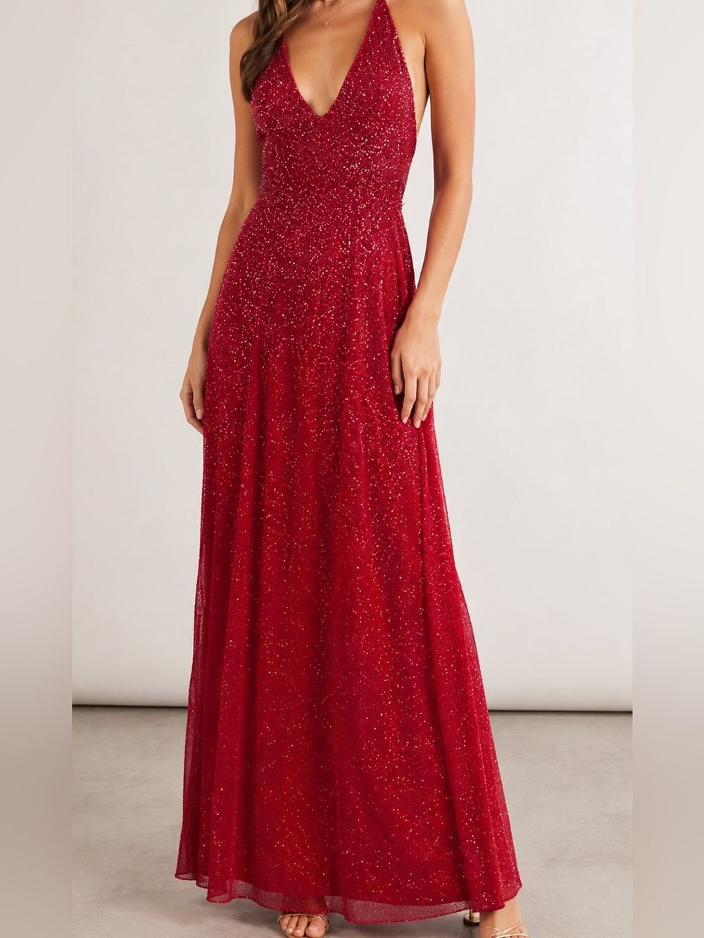 Scala Red Silk Beaded Plunge Neckline Dress Gown NWT Sz. PM